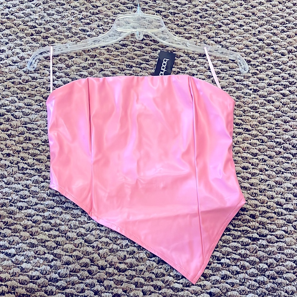 Boohoo baby pink strapless asymmetrical hem top. US size 6. New with tags.